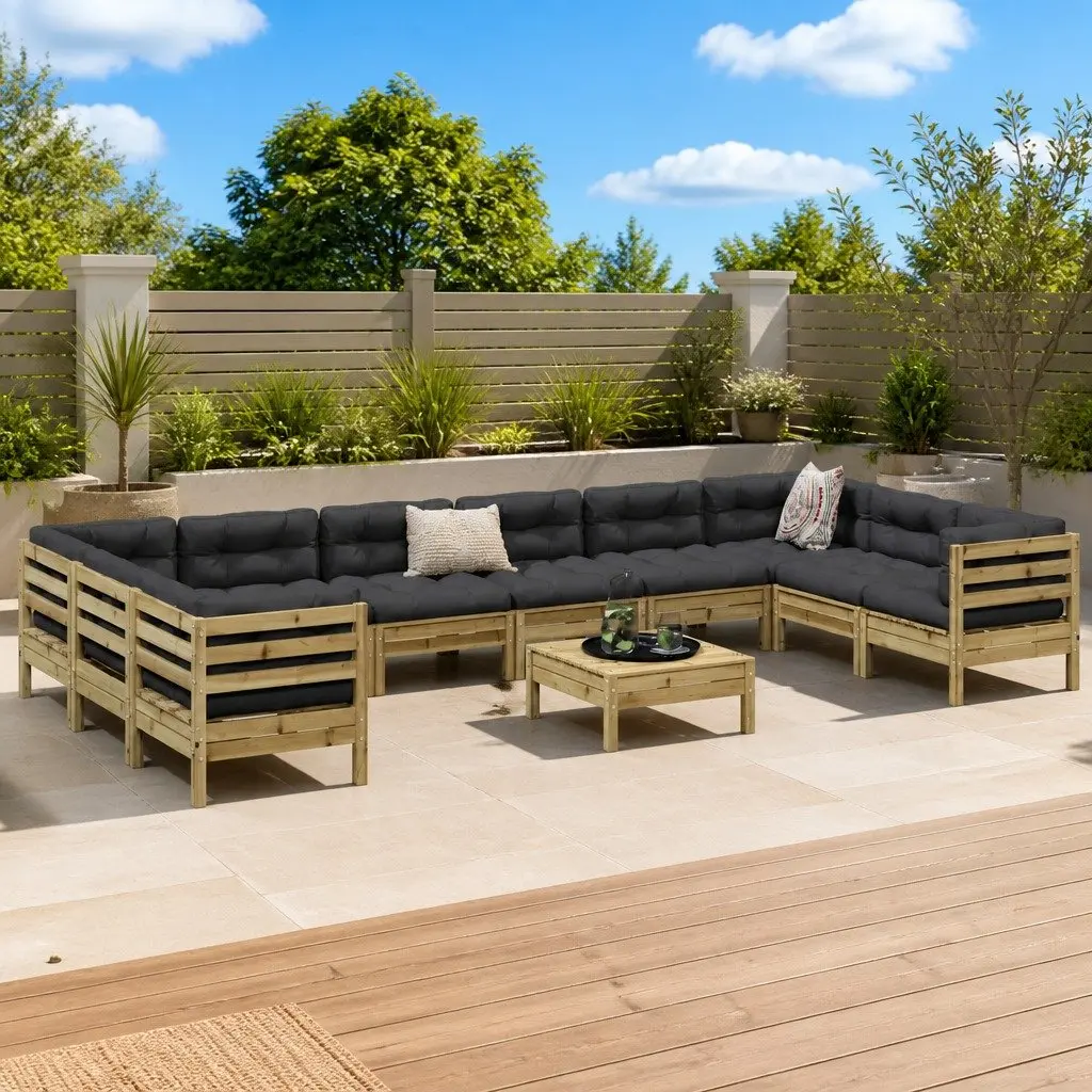 Garden Sofa Set 11 Piece Solid Impregnated Pinewood Brown with Cushions