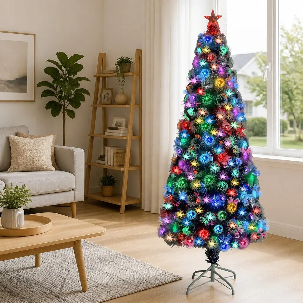 Pre-lit Artificial Christmas Tree 180cm White LED Fibre Optic PVC Seasonal Decoration