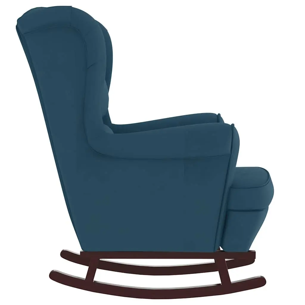 Wingback Rocking Chair Blue Velvet Padded Upholstery Solid Wood Legs Armchair
