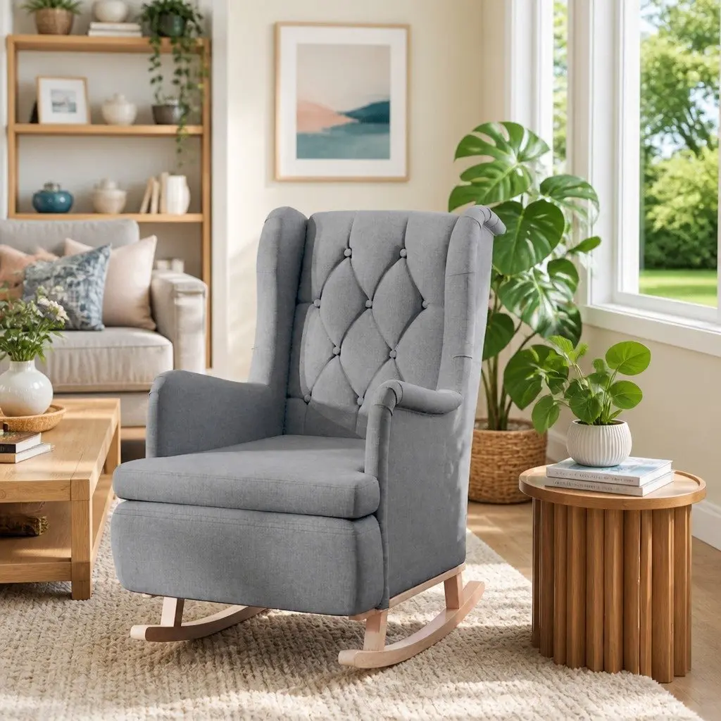 Armchair Foam Upholstered Grey Fabric Rocking Legs