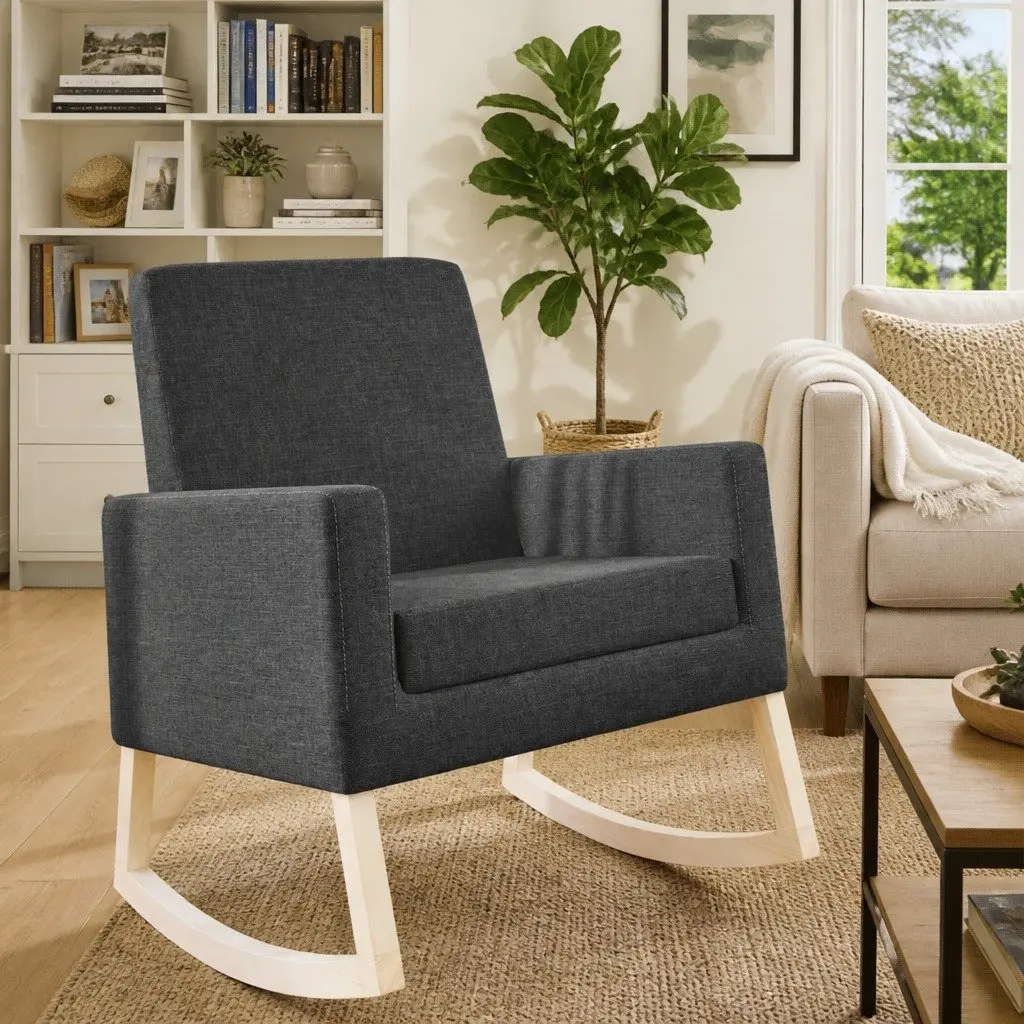 Rocking Chair Fabric Upholstered Wooden Grey