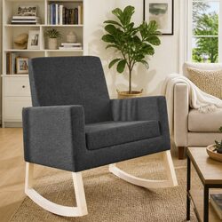 Wooden Frame Rocking Chair with Grey Fabric Upholstery