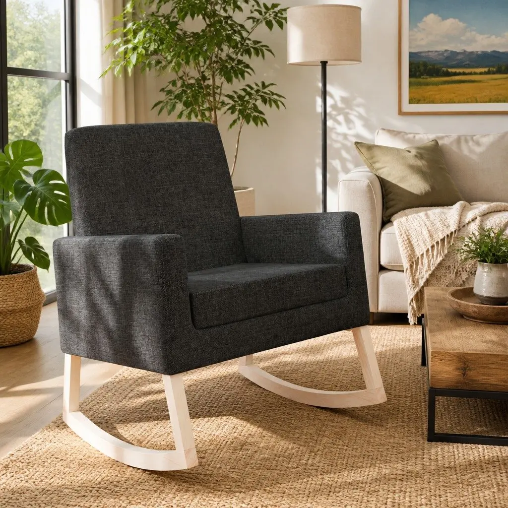 Rocking Chair Wooden Frame Black Fabric Upholstered Armrest