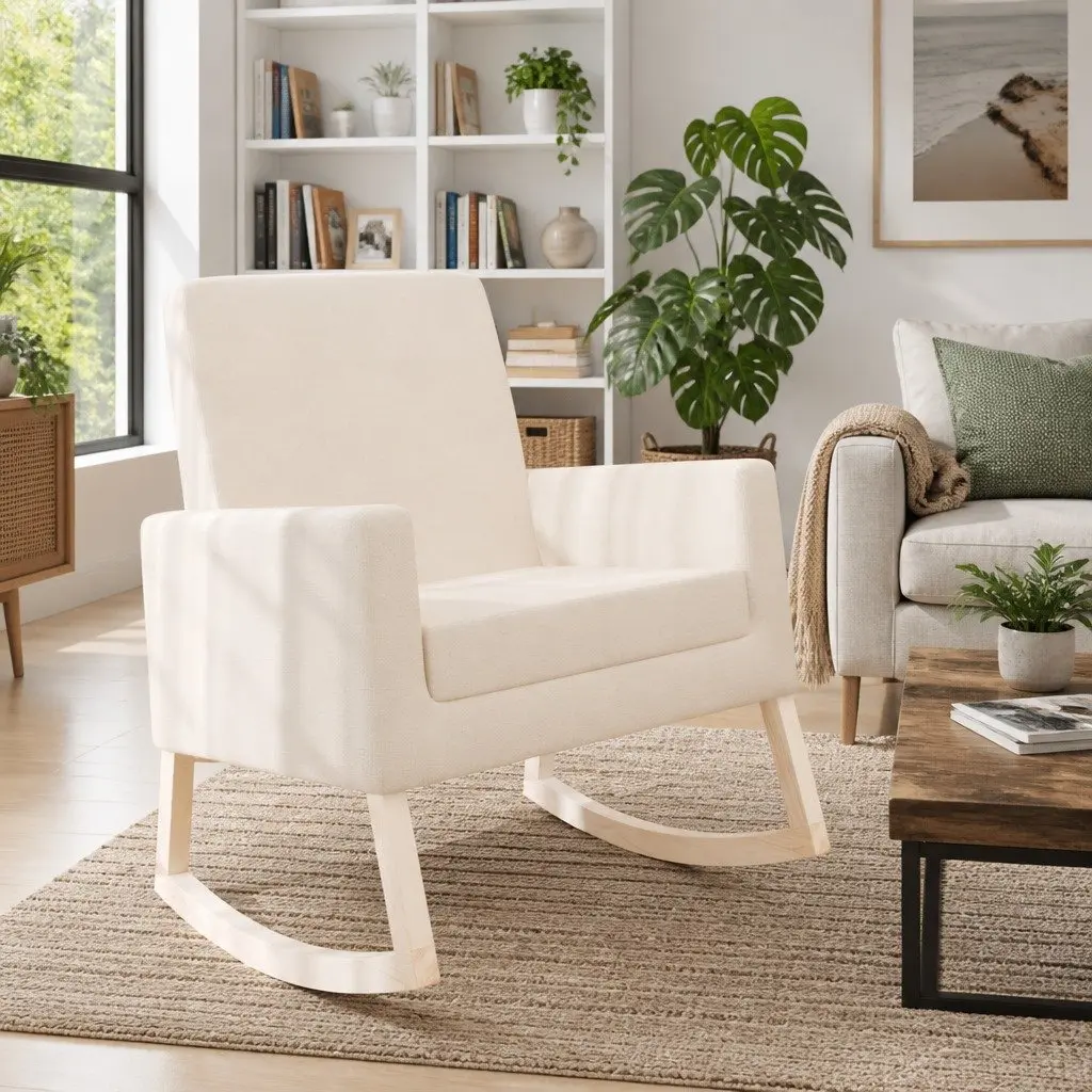 Rocking Chair Fabric Upholstered Cream with Wooden Frame