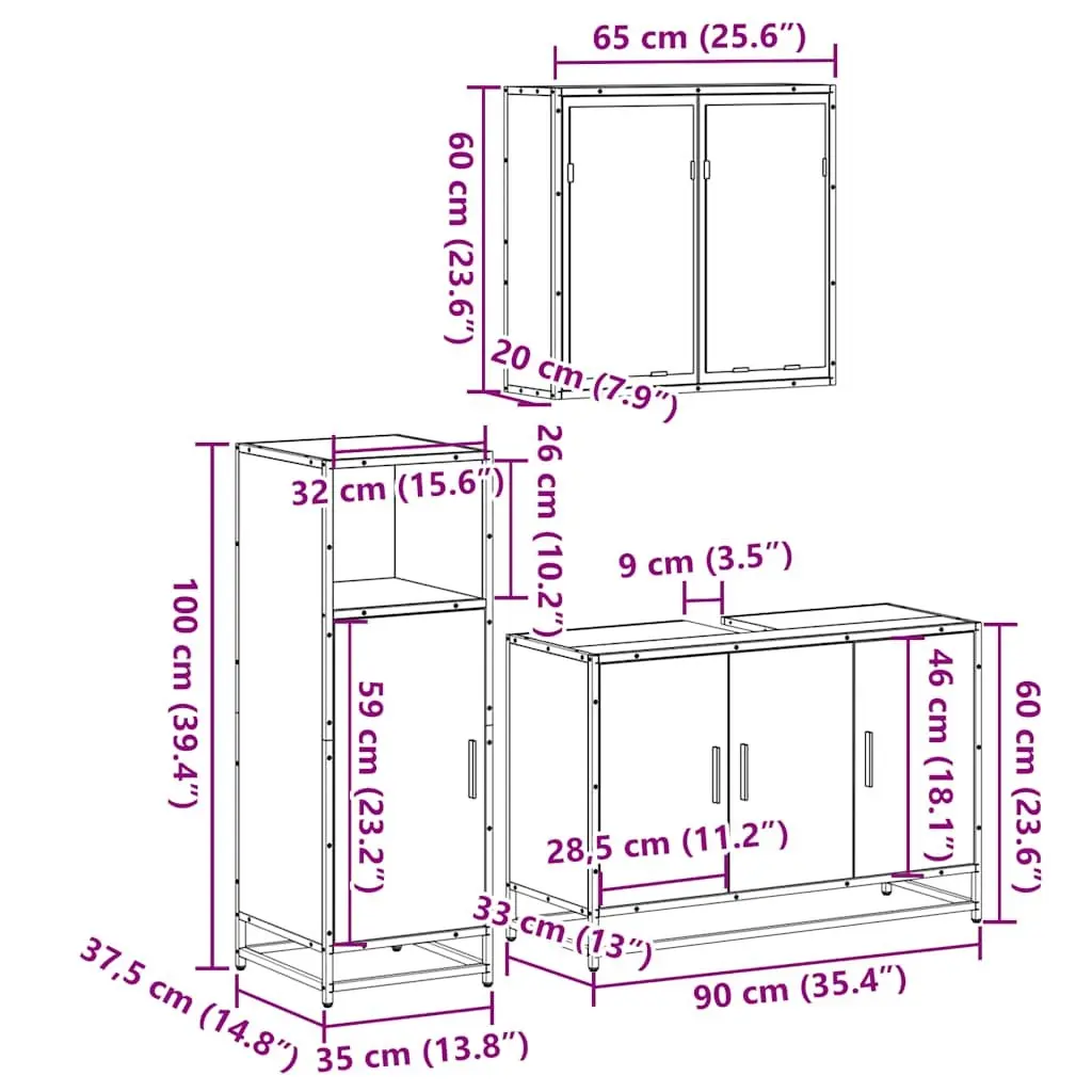 Bathroom Furniture Set Engineered Wood 3 Piece Brown