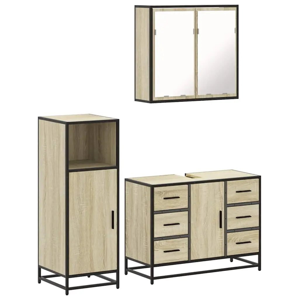 Bathroom Furniture Set Engineered Wood Metal Frame 3 Piece Sonoma Oak