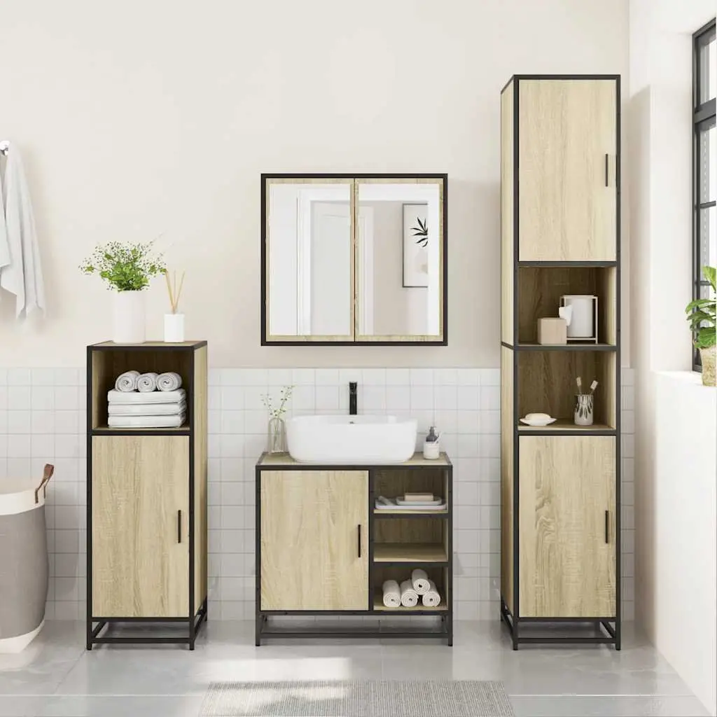 Bathroom Furniture Set Engineered Wood 3 Piece Brown Vanity Cabinet Mirror