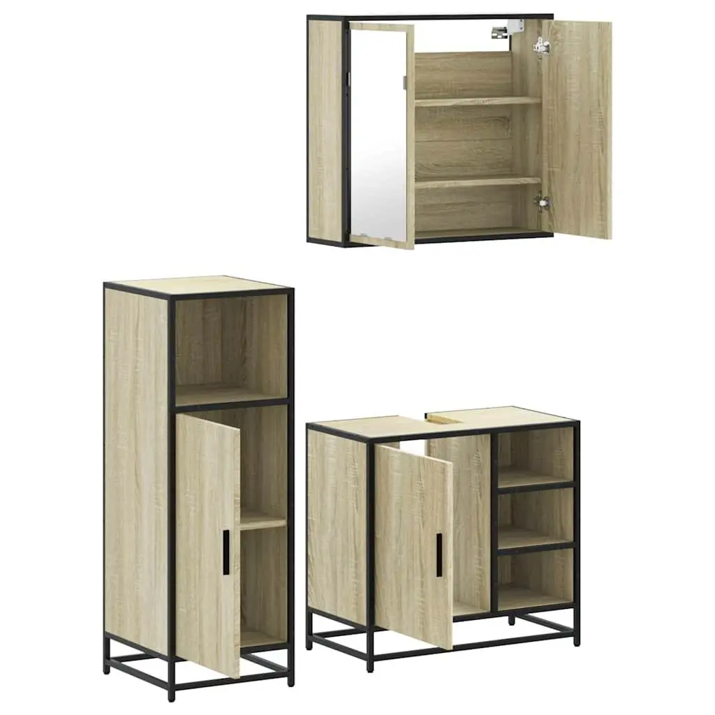 Bathroom Furniture Set Engineered Wood 3 Piece Brown Vanity Cabinet Mirror