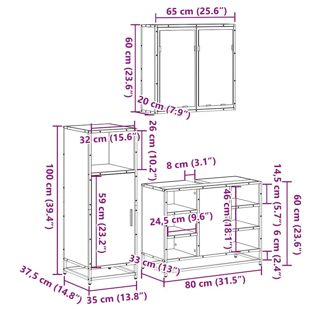 Bathroom Furniture Set Engineered Wood Metal Frame 3 Piece Brown