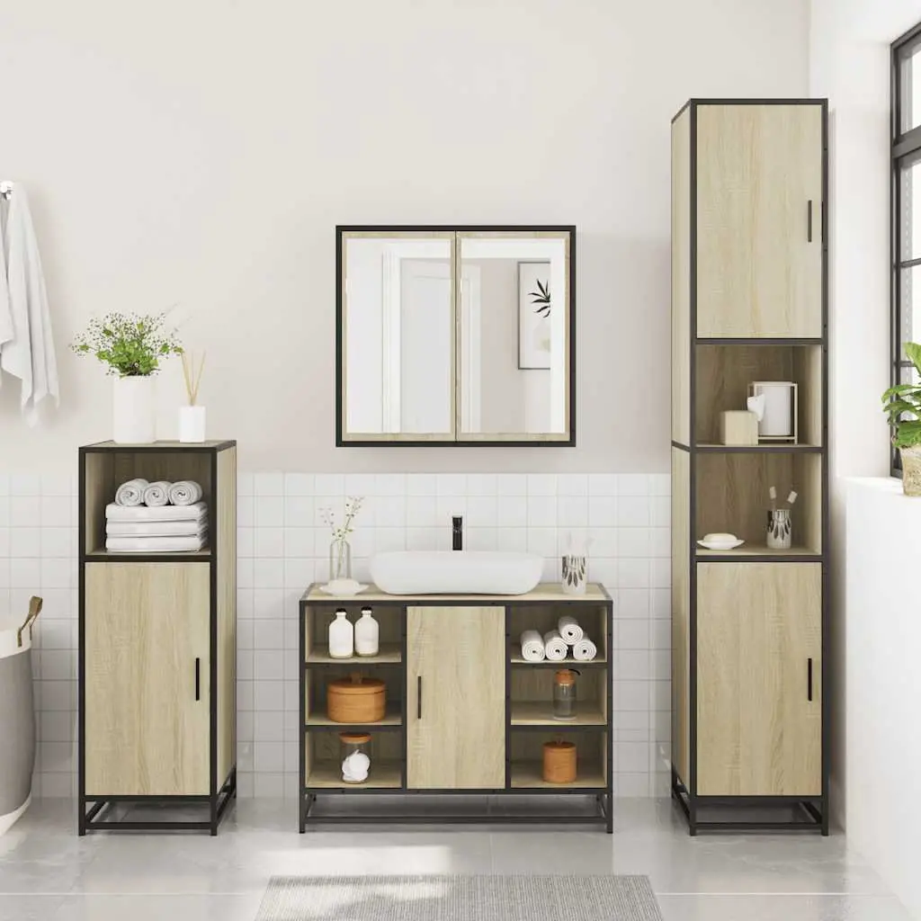 Bathroom Furniture Set Engineered Wood Metal Frame 3 Piece Brown