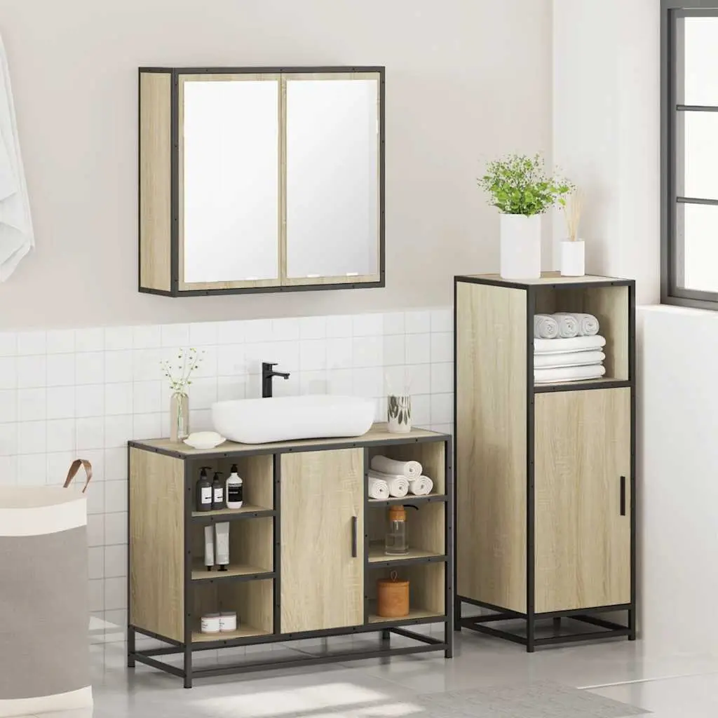 Bathroom Furniture Set Engineered Wood Metal Frame 3 Piece Brown