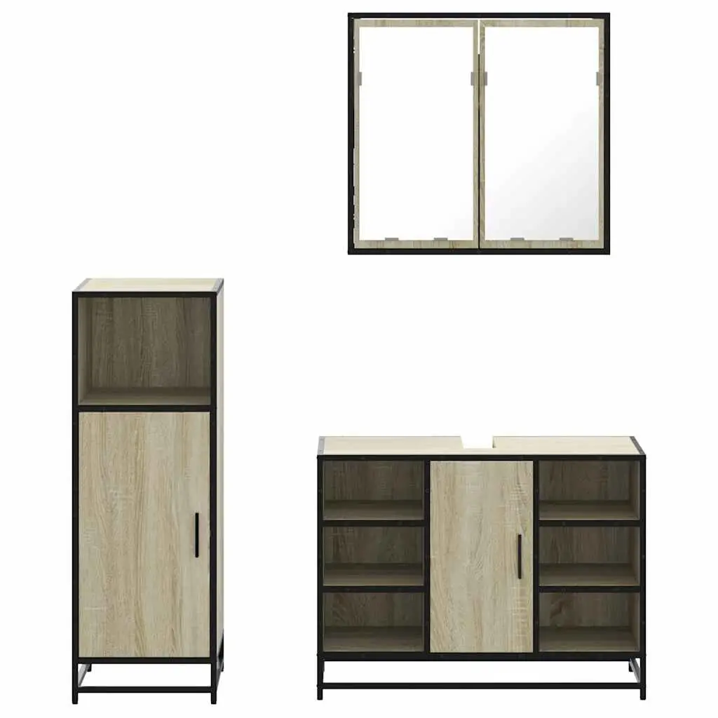 Bathroom Furniture Set Engineered Wood Metal Frame 3 Piece Brown