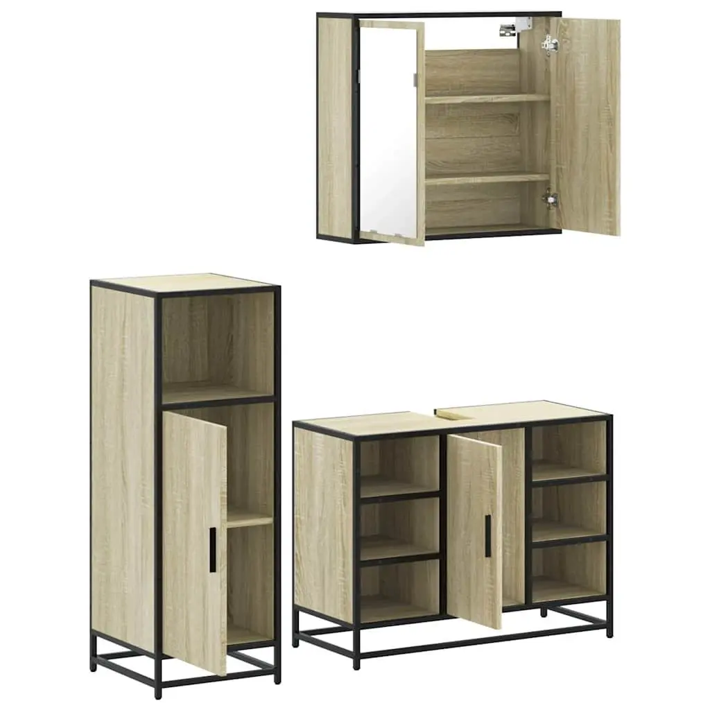 Bathroom Furniture Set Engineered Wood Metal Frame 3 Piece Brown
