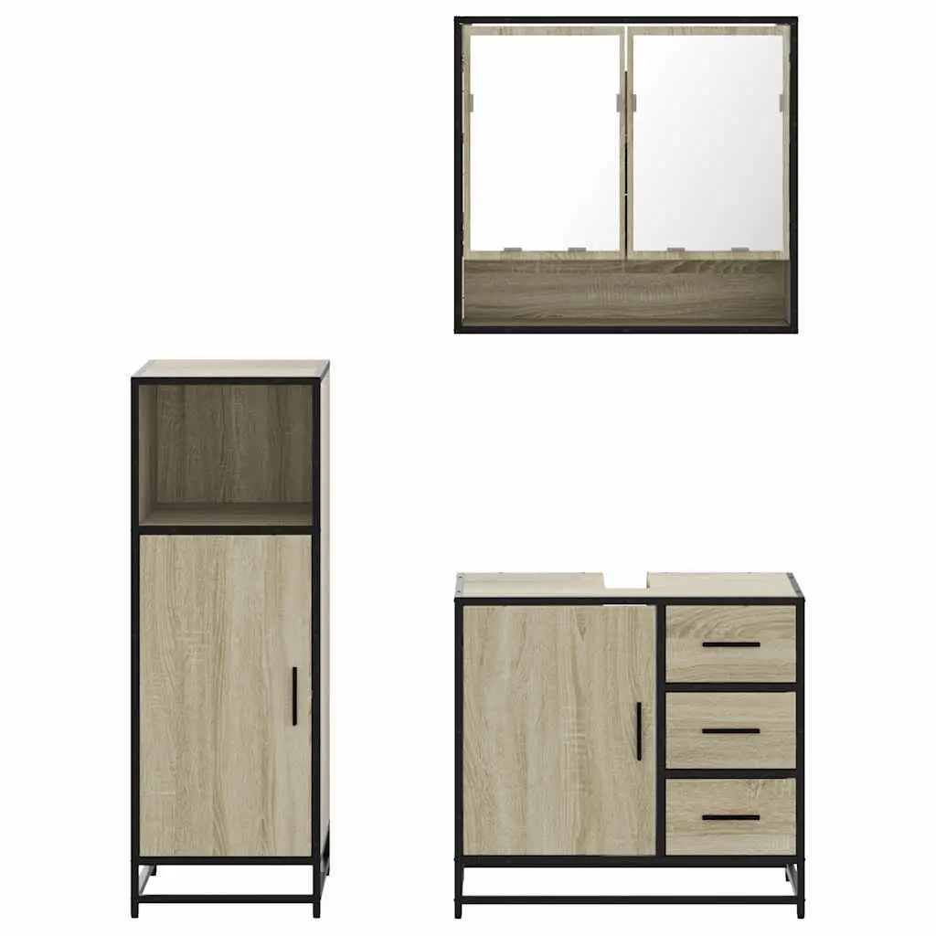 Bathroom Set 3 Piece Engineered Wood Brown Vanity Storage Cabinet Mirror