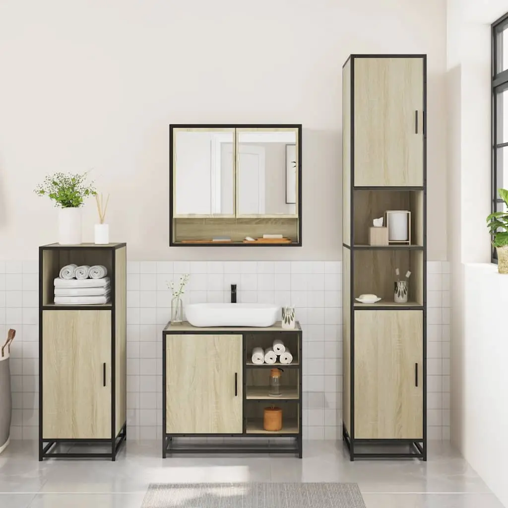Bathroom Furniture Set Engineered Wood Metal Frame 3 Piece Brown