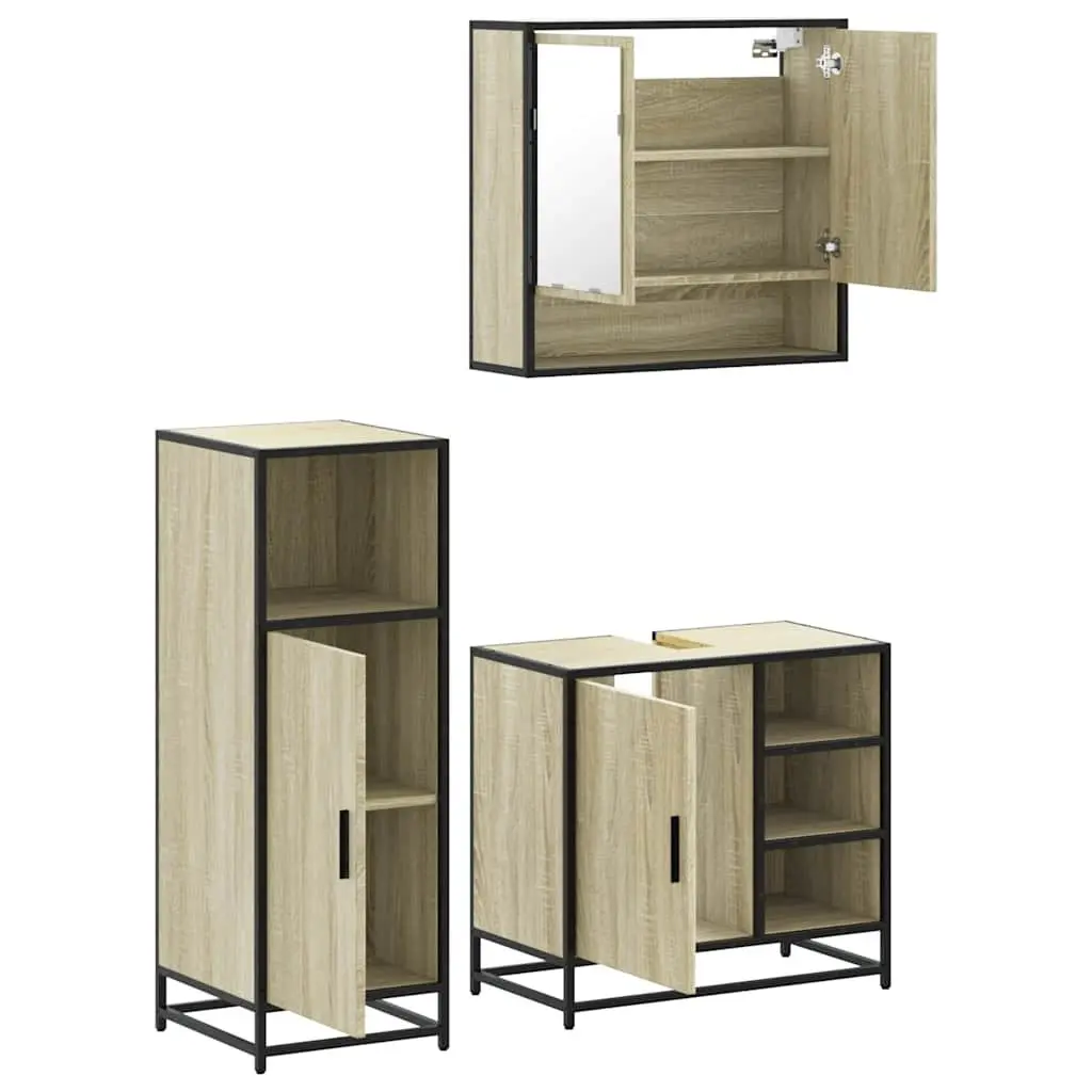 Bathroom Furniture Set Engineered Wood Metal Frame 3 Piece Brown