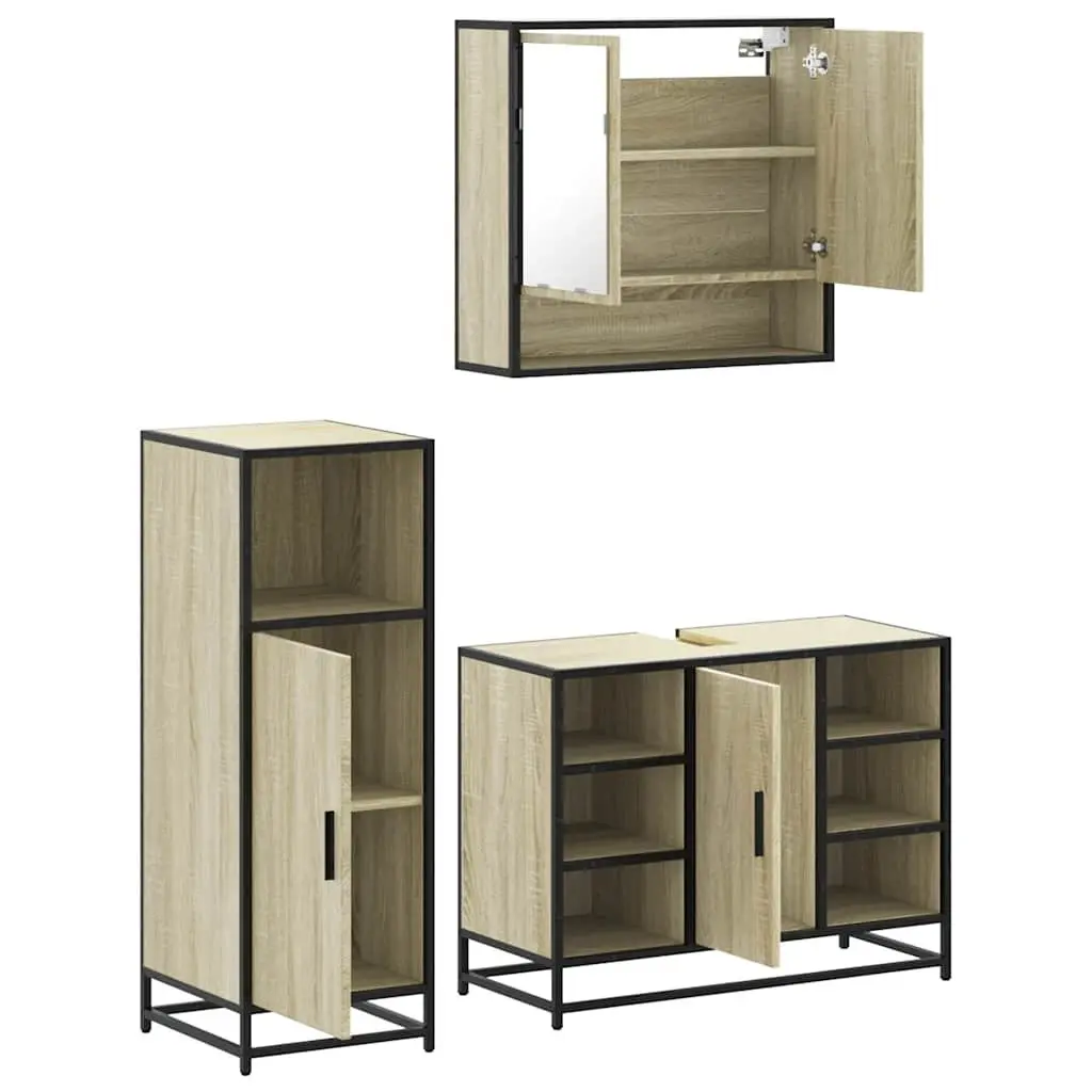 3 Piece Bathroom Set Engineered Wood Brown Vanity Cabinet Mirror Storage Unit