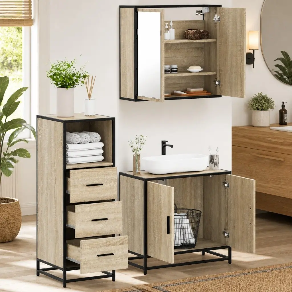 3 Piece Bathroom Furniture Set Engineered Wood Brown