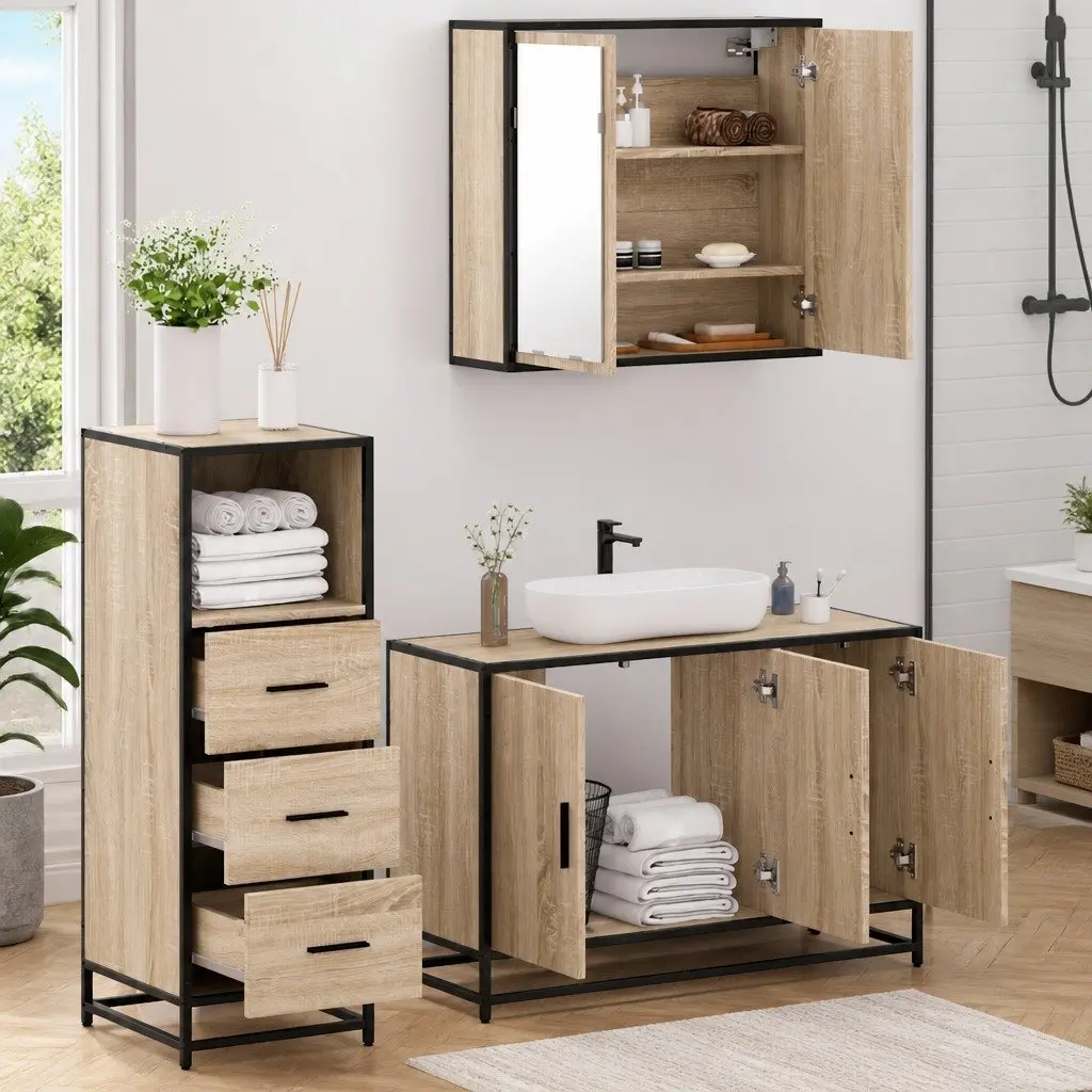 3 Piece Bathroom Furniture Set Engineered Wood Brown Vanity Cabinet Mirror