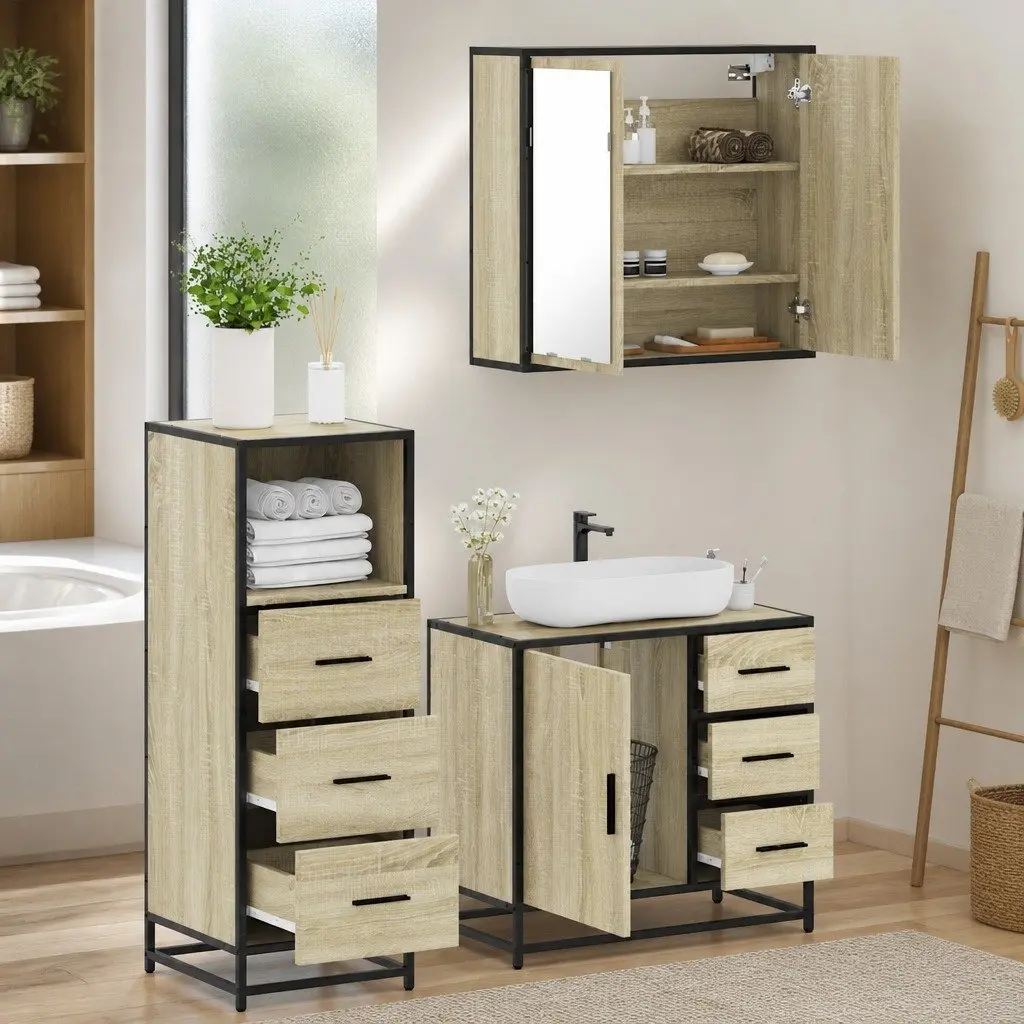 Bathroom Furniture Set Engineered Wood 3 Piece Vanity Cabinet Mirror Brown