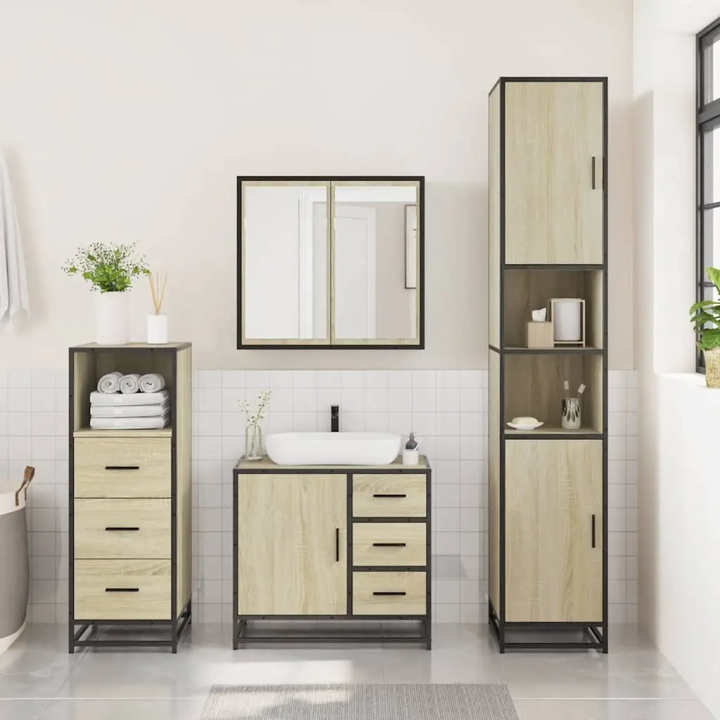 Bathroom Furniture Set Engineered Wood 3 Piece Vanity Cabinet Mirror Brown
