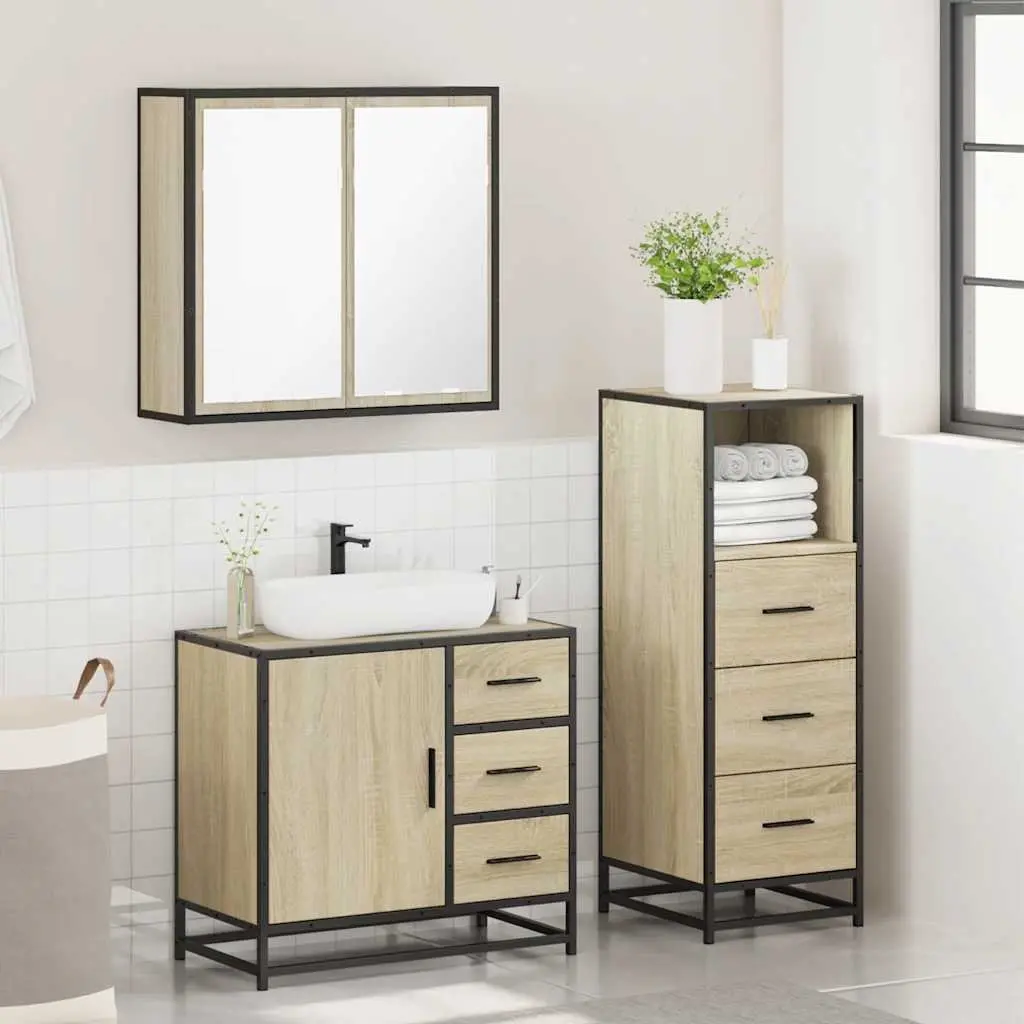 Bathroom Furniture Set Engineered Wood 3 Piece Vanity Cabinet Mirror Brown