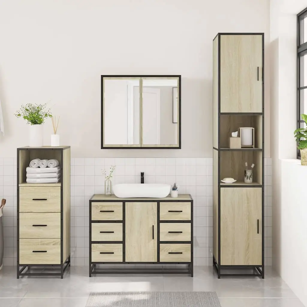 Bathroom Set Engineered Wood 3 Piece Vanity Cabinet Mirror Storage Brown