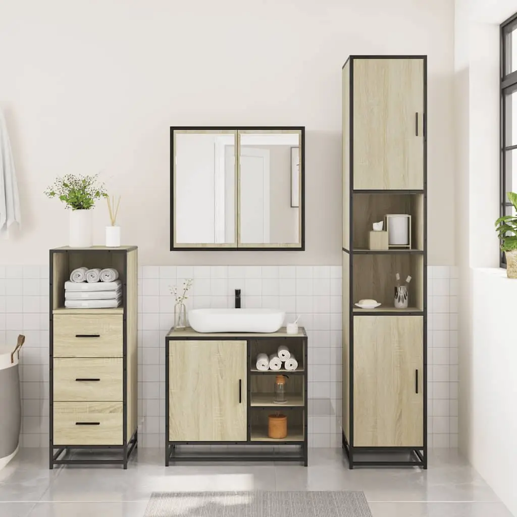 Bathroom Furniture Set Engineered Wood Metal Frame 3 Piece Sonoma Oak Brown