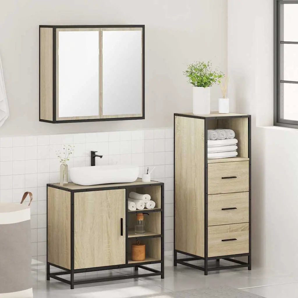 Bathroom Furniture Set Engineered Wood Metal Frame 3 Piece Sonoma Oak Brown
