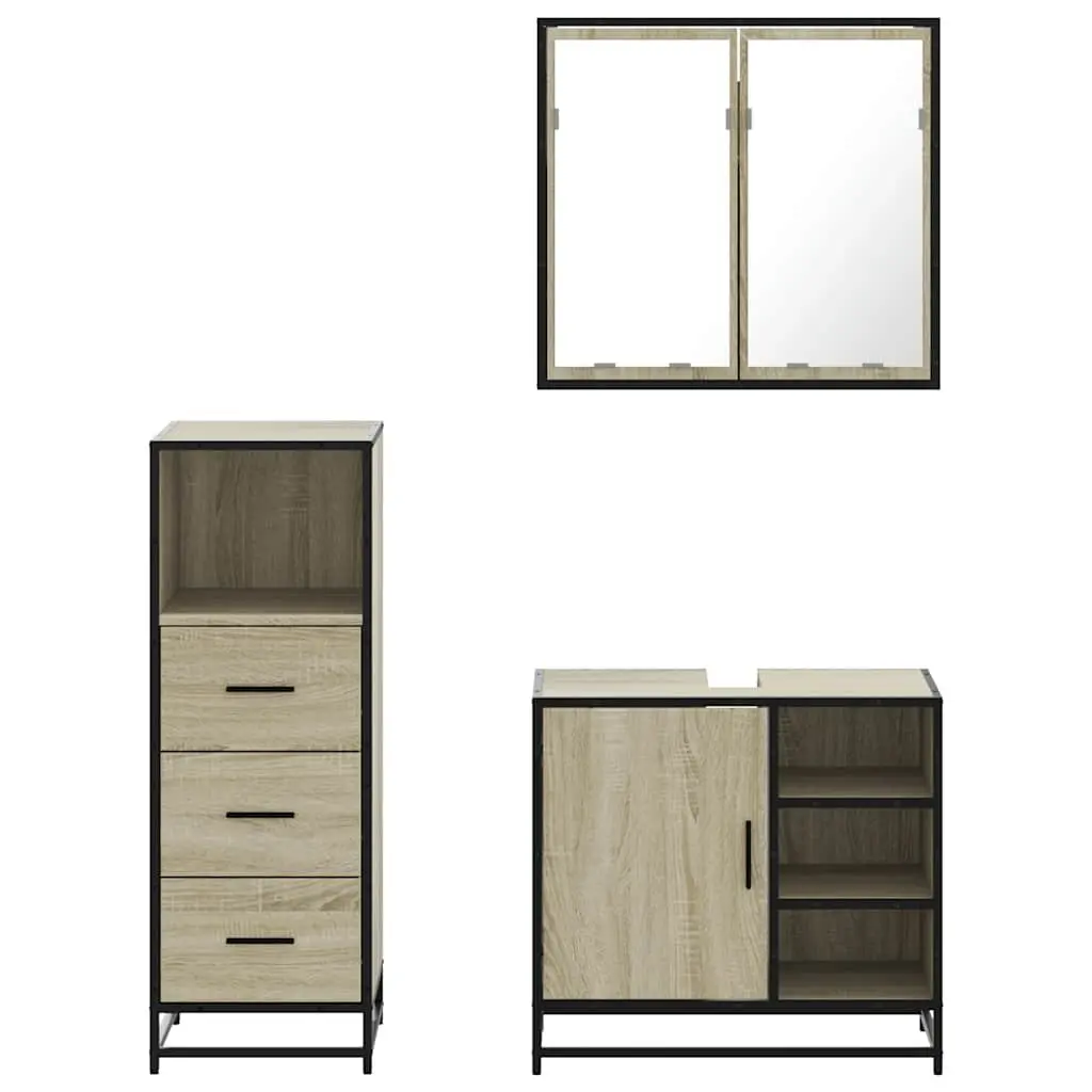 Bathroom Furniture Set Engineered Wood Metal Frame 3 Piece Sonoma Oak Brown