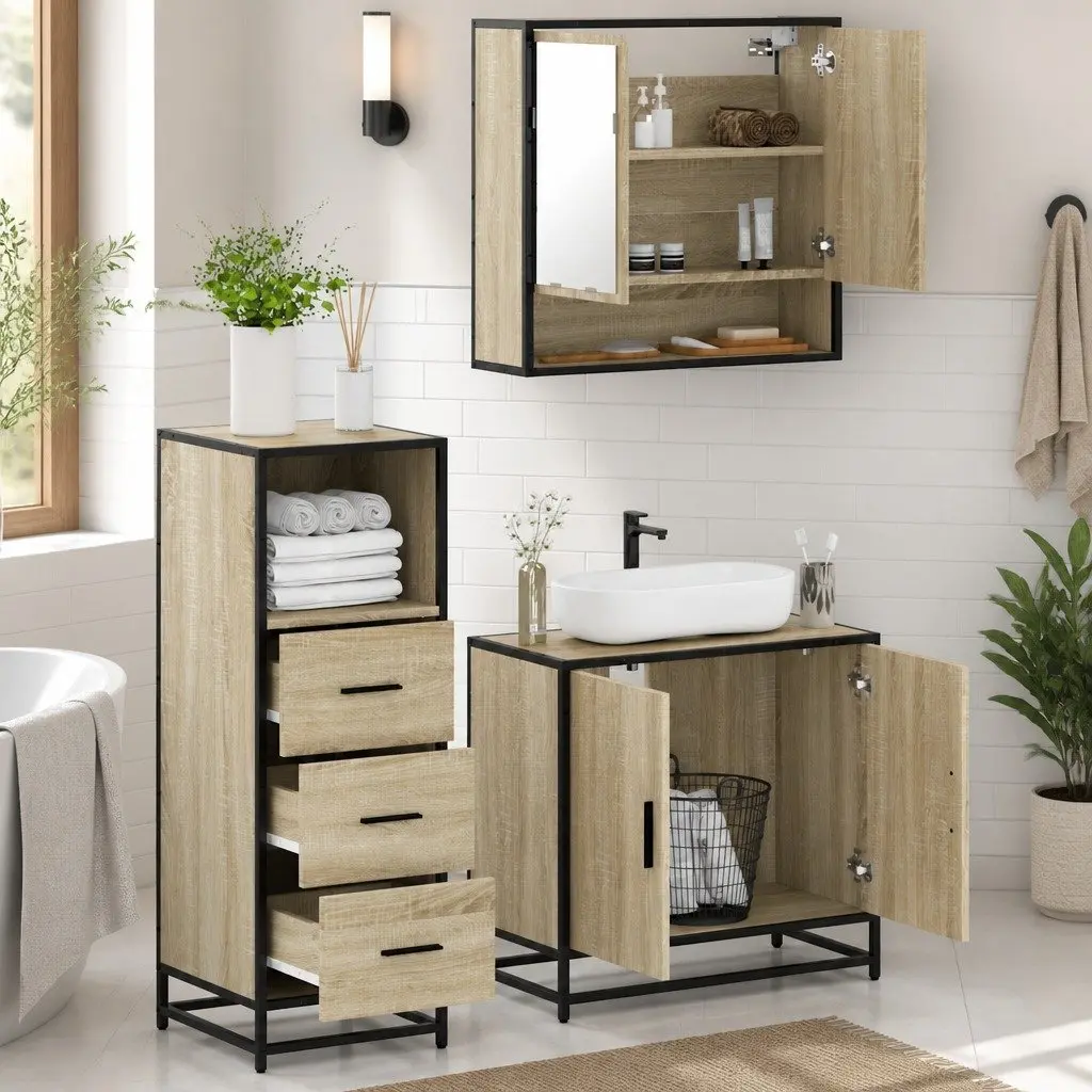 3 Piece Bathroom Set Engineered Wood Vanity Cabinet Mirror Storage Brown