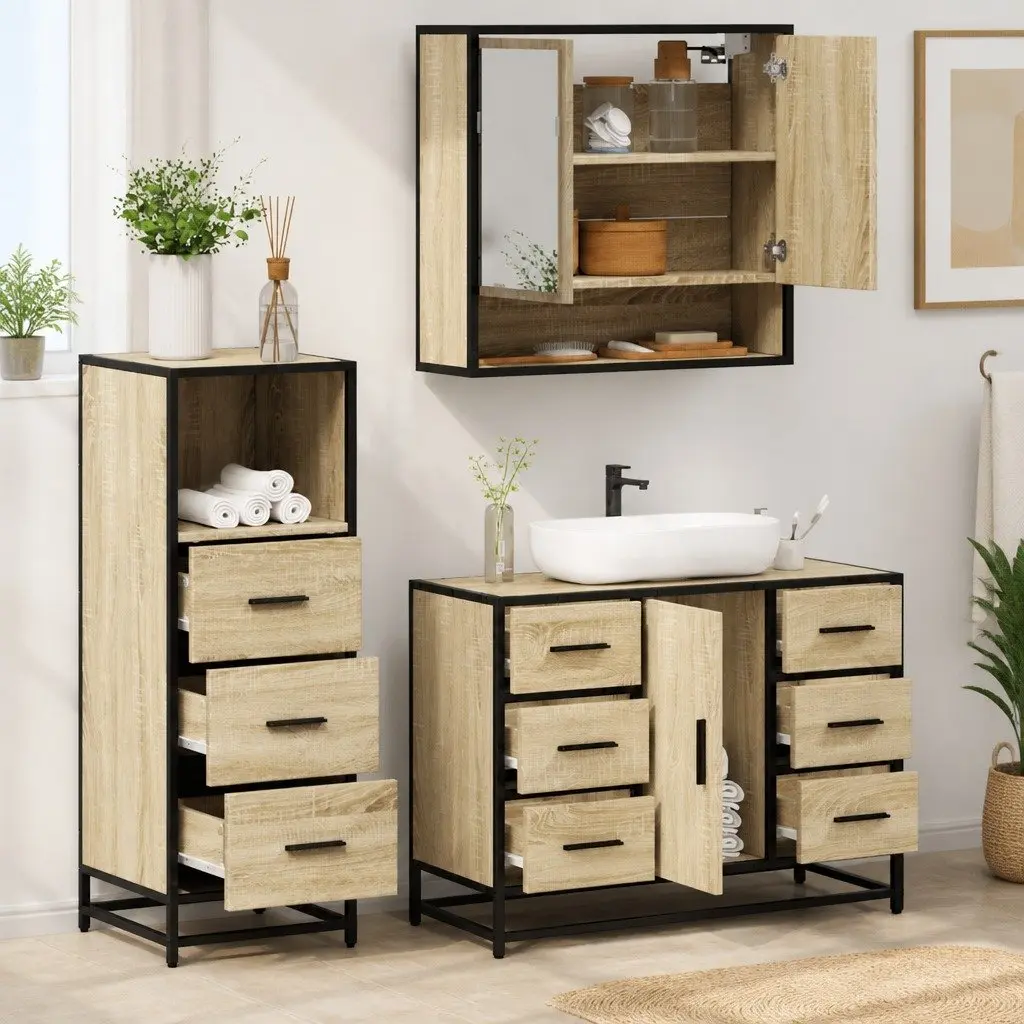 3 Piece Bathroom Set Engineered Wood Brown Vanity Cabinet Mirror