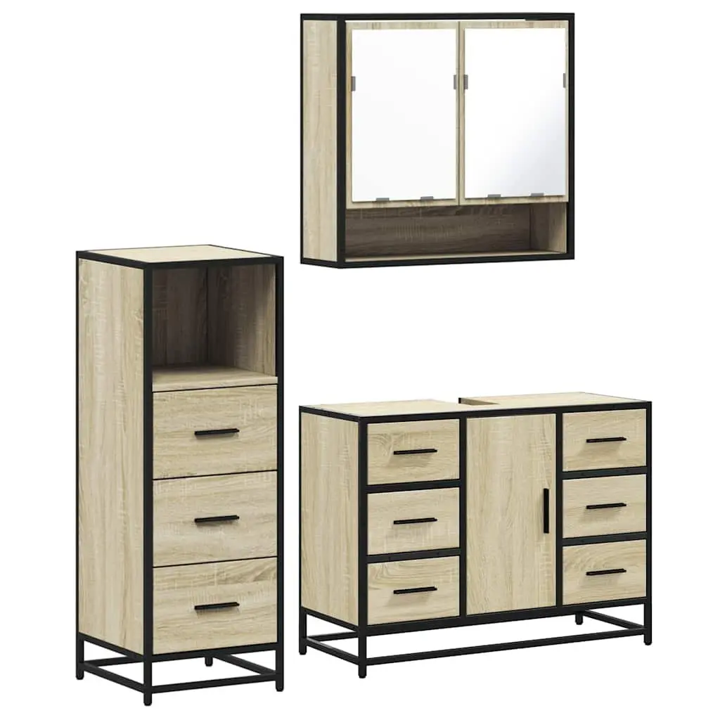 3 Piece Bathroom Set Engineered Wood Brown Vanity Cabinet Mirror