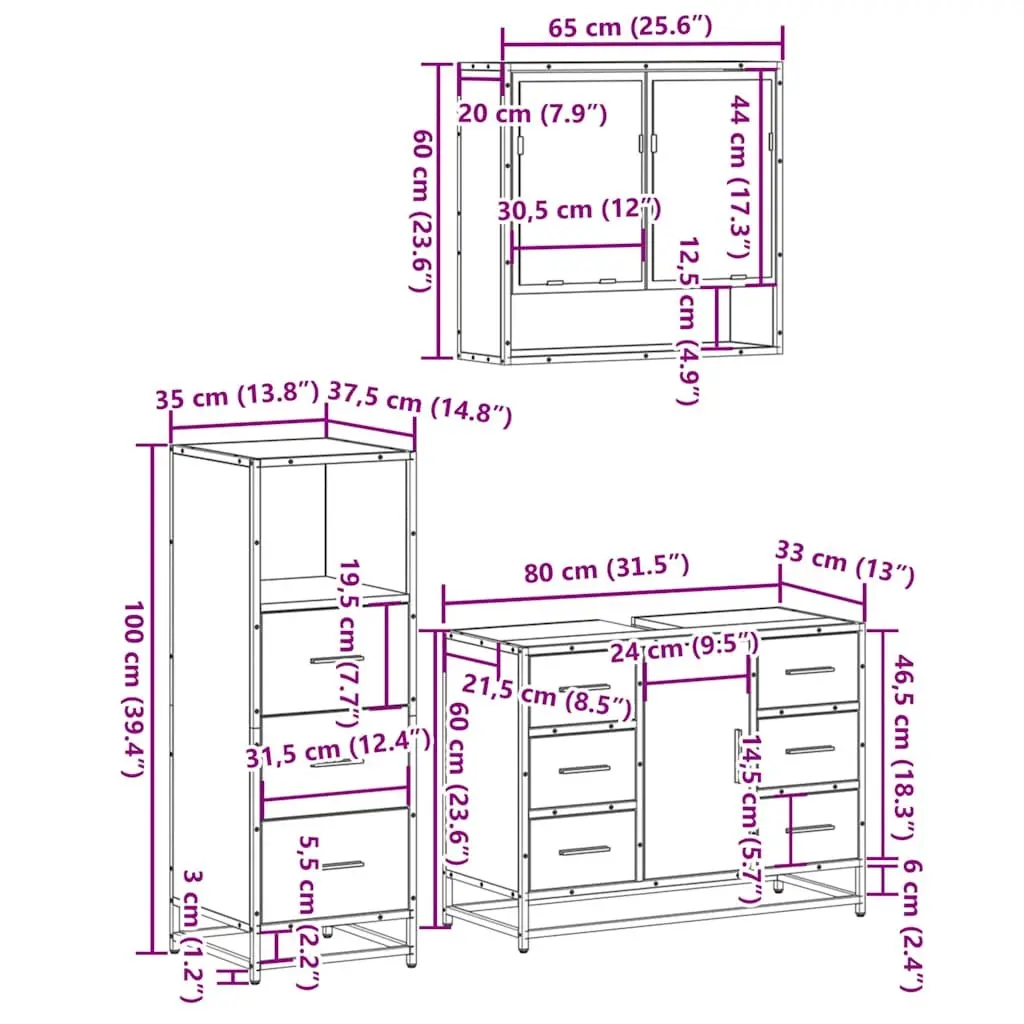 3 Piece Bathroom Set Engineered Wood Brown Vanity Cabinet Mirror