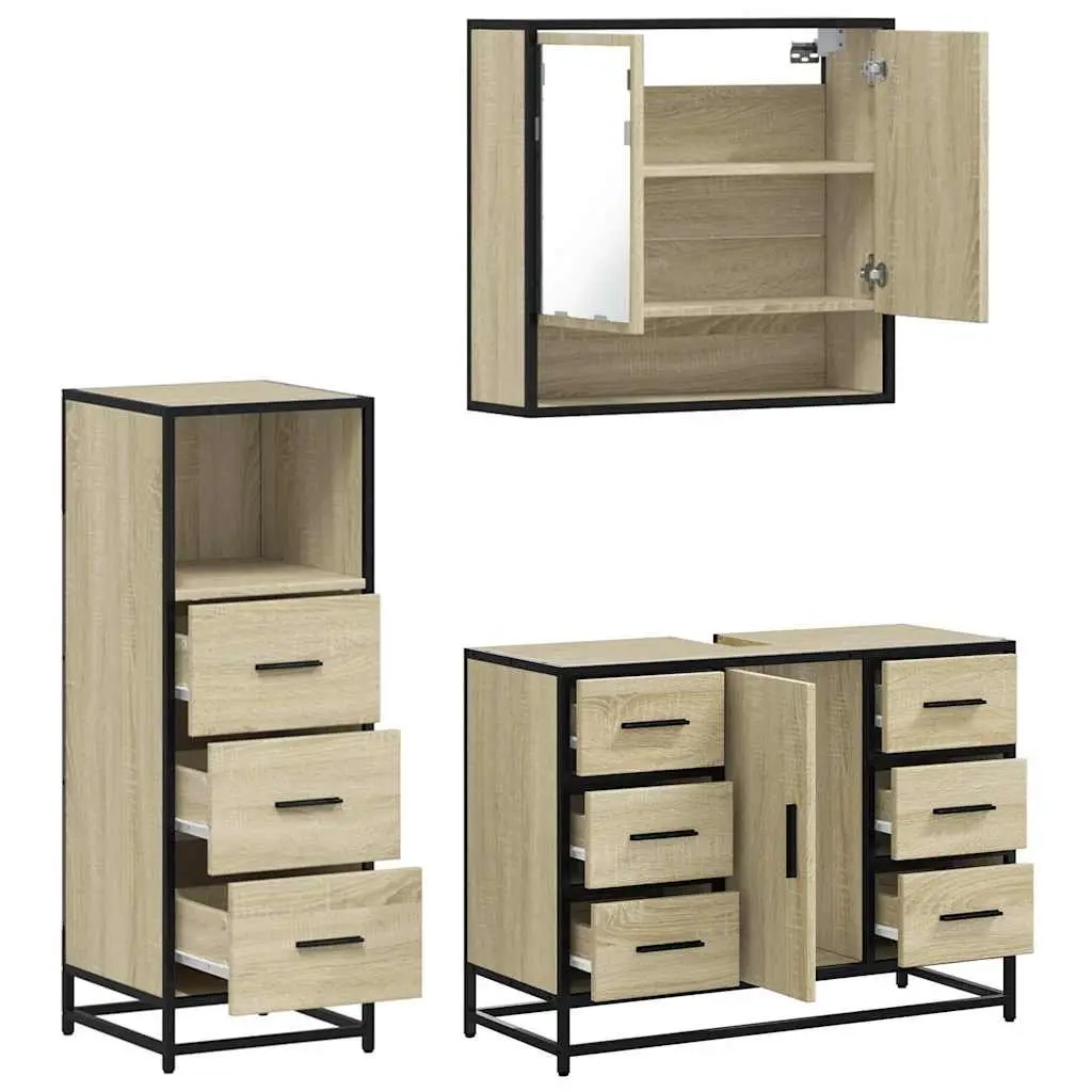 3 Piece Bathroom Set Engineered Wood Brown Vanity Cabinet Mirror