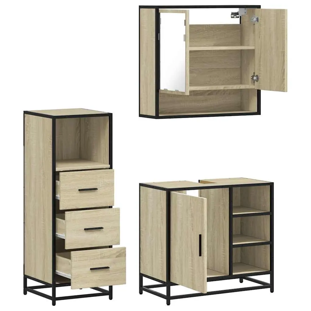 3 Piece Bathroom Furniture Set Engineered Wood Brown Vanity Cabinet Mirror