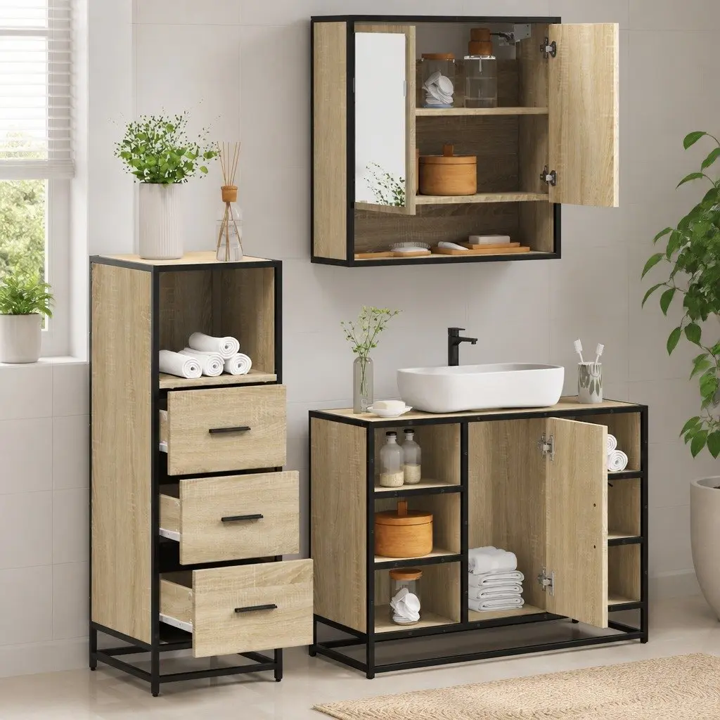 3 Piece Bathroom Set Engineered Wood Brown Vanity Cabinet Mirror