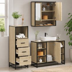 3 Piece Bathroom Furniture Set Engineered Wood Brown Vanity Mirror Cabinet