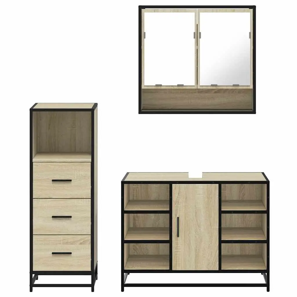 3 Piece Bathroom Set Engineered Wood Brown Vanity Cabinet Mirror