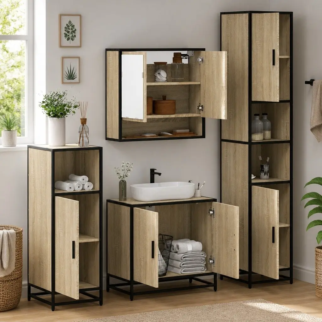 Bathroom Furniture Set Engineered Wood 4 Piece Brown