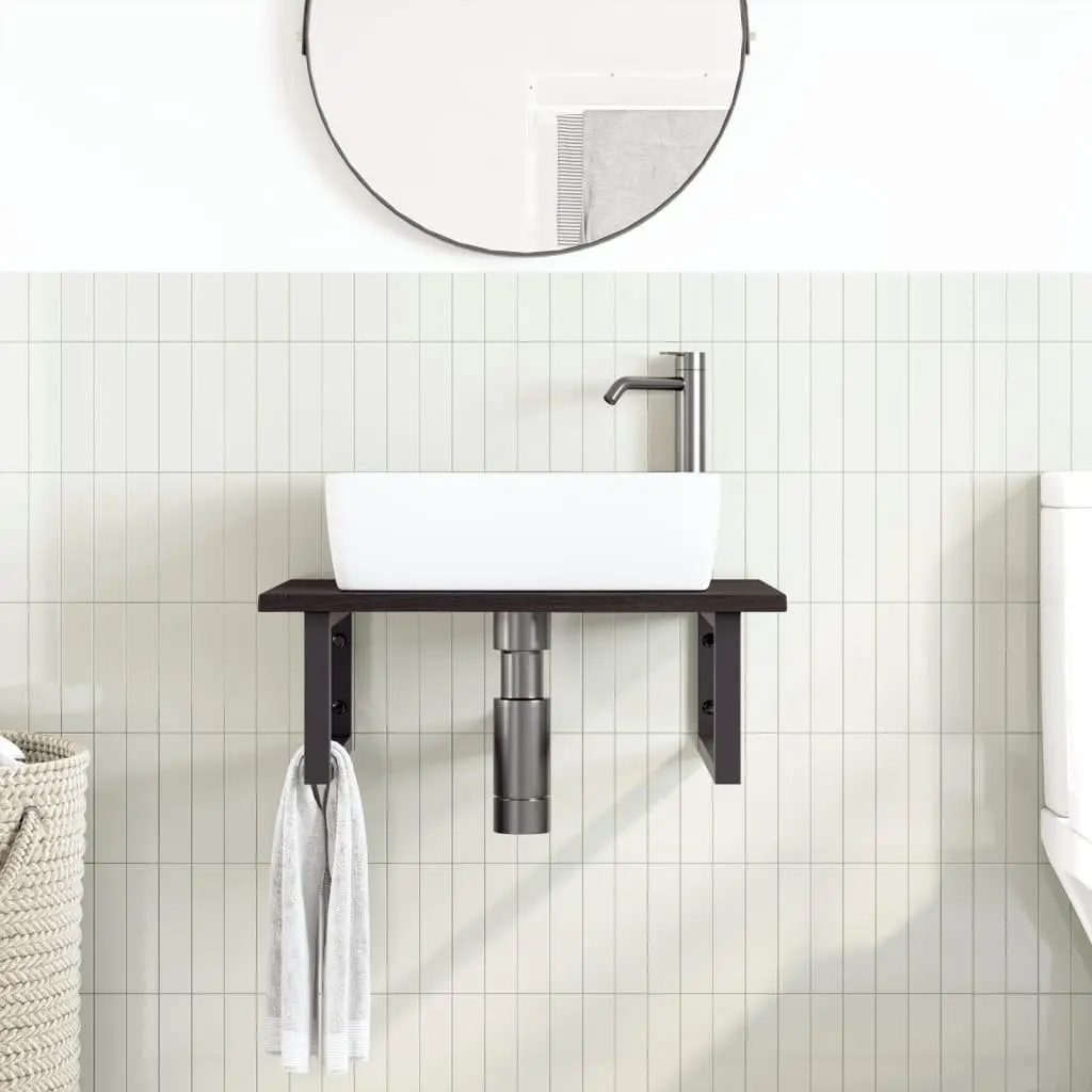 Wall Mounted Basin Shelf Brown Bathroom Vanity Storage Steel and Solid Oak Wood