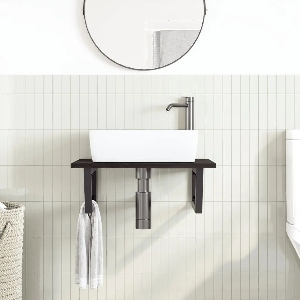 Basin Shelf Unit Wall Mounted Storage Steel Structure Solid Oak Wood Brown