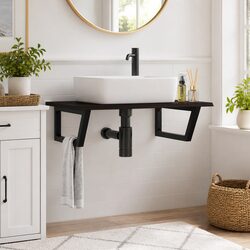 Wall Mounted Basin Shelf Bathroom Vanity Storage Steel Oak Wood Brown Floating