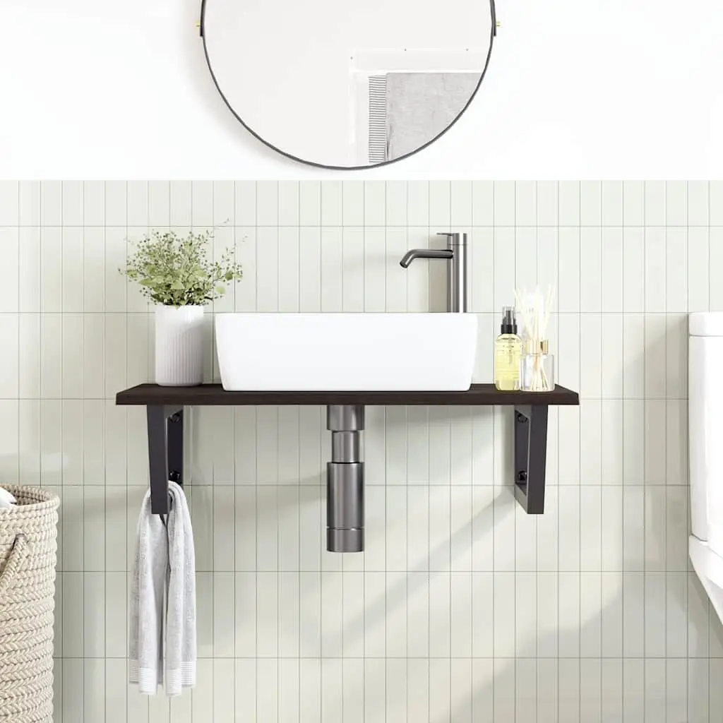 Wall Mounted Basin Shelf Steel Oak Wood Brown Floating Bathroom Vanity Storage