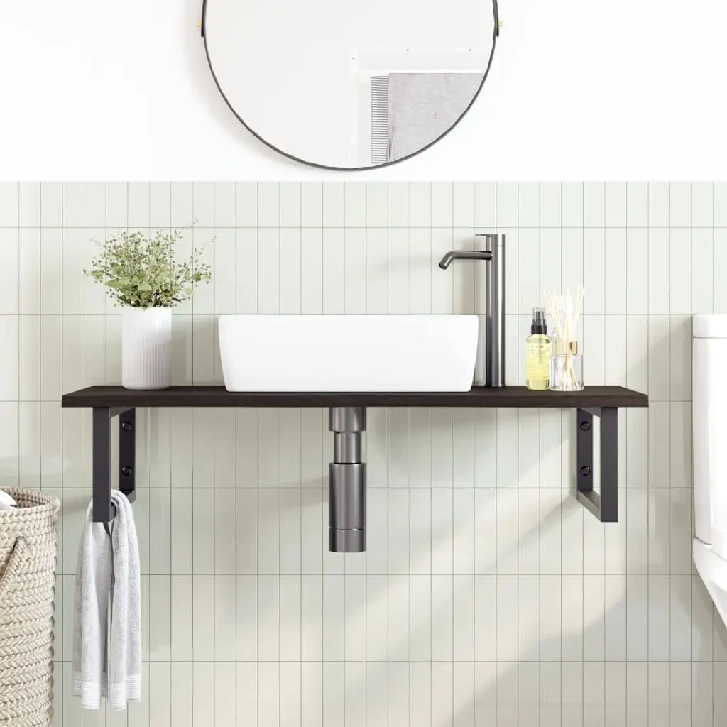Floating Bathroom Vanity Unit Oak Wood Top Steel Wall Mounted Shelf Storage Brown
