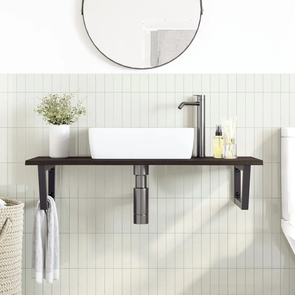 Wall Mounted Basin Shelf Steel Oak Wood Brown Floating Bathroom Vanity Storage