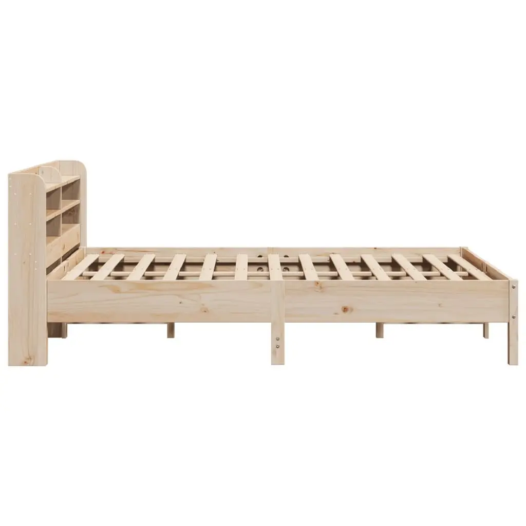Bed Frame Solid Pinewood 150x200cm Slatted Base Headboard with Shelves Brown