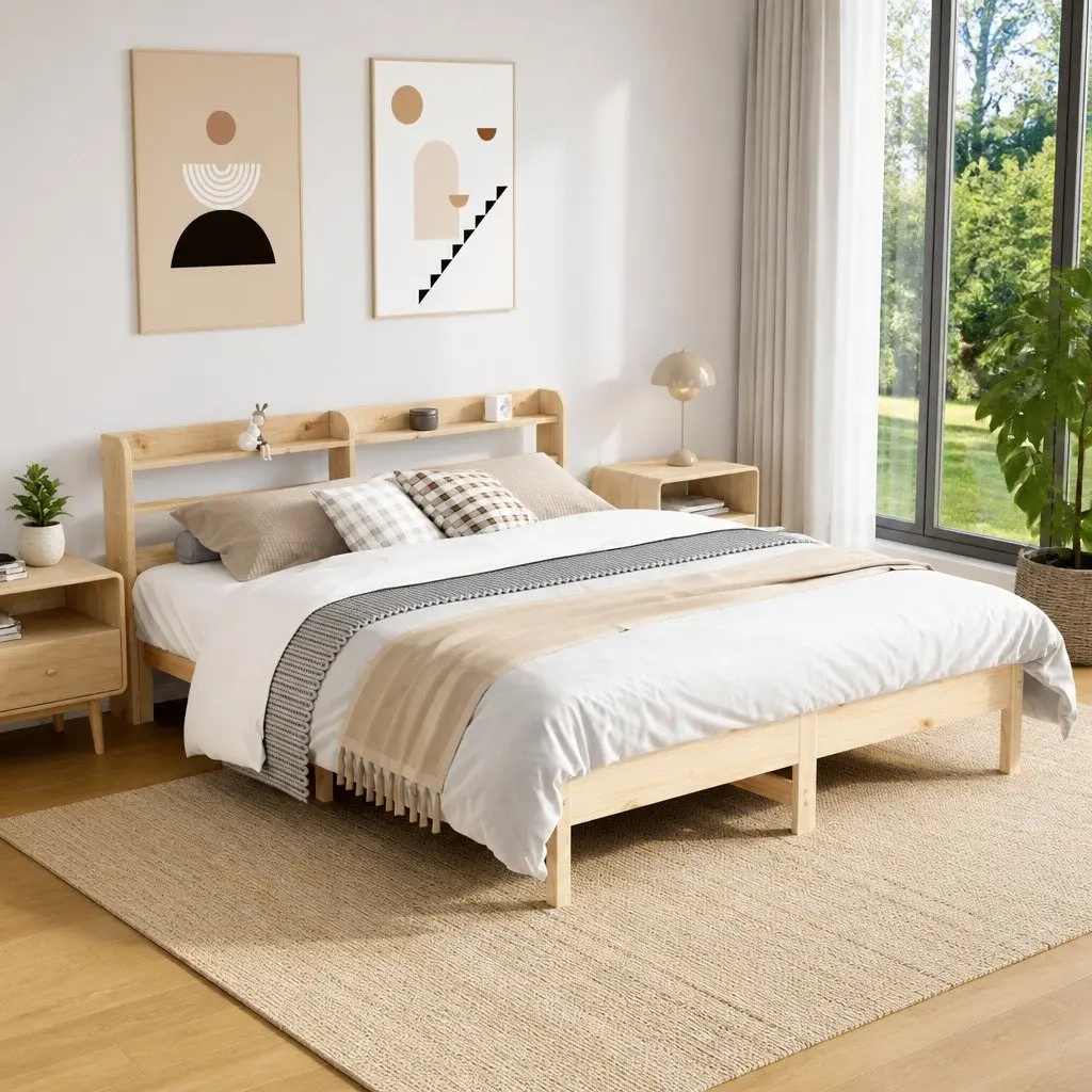 Solid Wood Pine Bed Frame 135x190cm Brown Slatted Base Headboard Storage Shelves