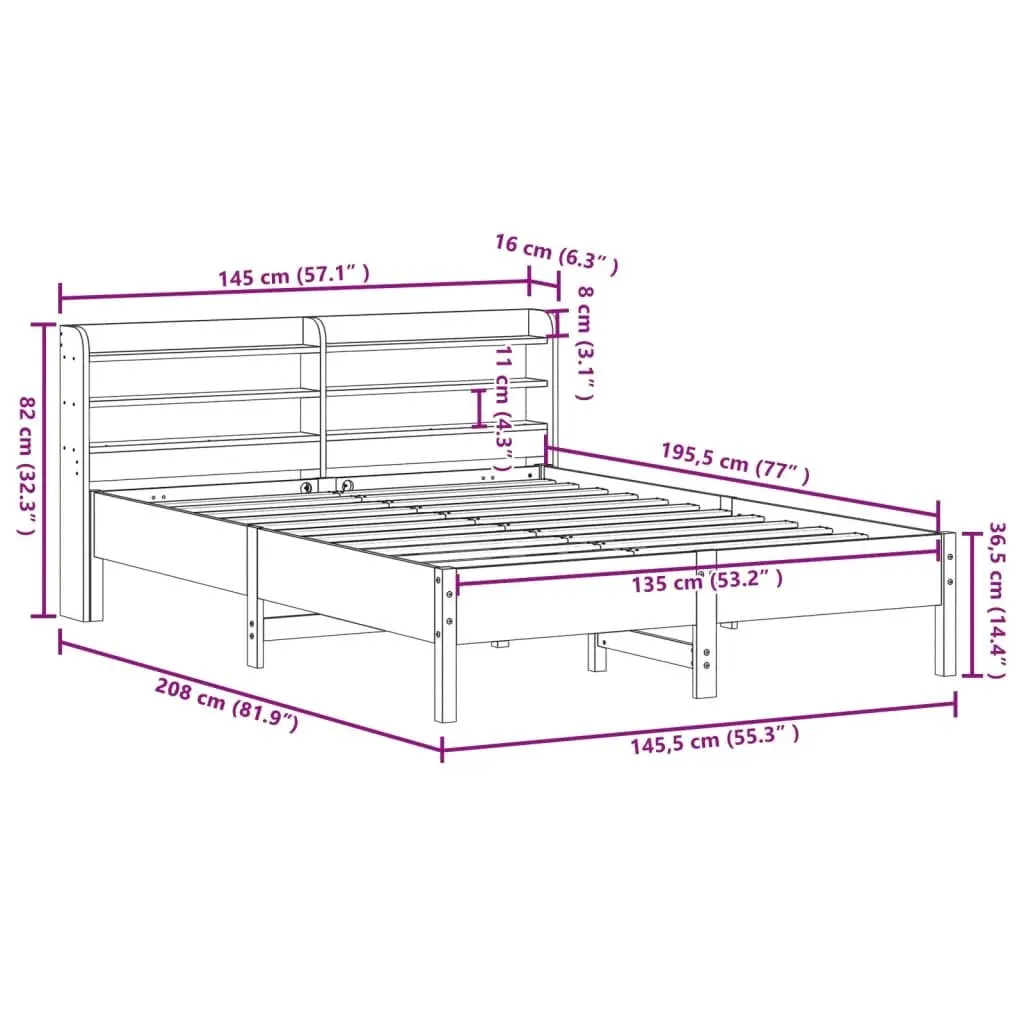 Solid Wood Pine Bed Frame 135x190cm Brown Slatted Base Headboard Storage Shelves
