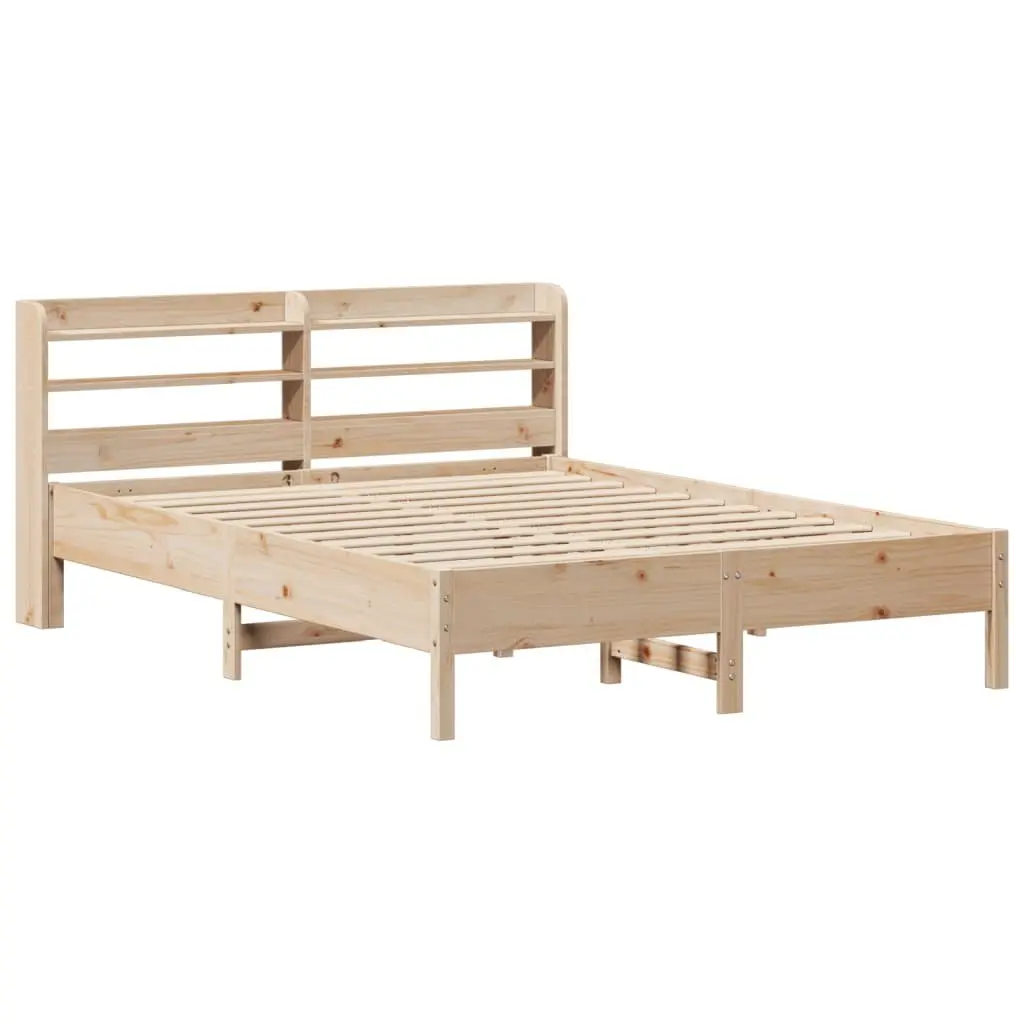 Solid Wood Pine Bed Frame 135x190cm Brown Slatted Base Headboard Storage Shelves